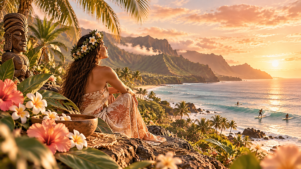 Hawaiische Landschaft mit Meer, Vulkanbergen und tropischen Blüten – Inspiration für Lomilomi und die Weisheit Hawaiis.