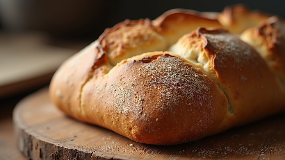 Close-up view of a freshly baked artisan loaf with a golden crust