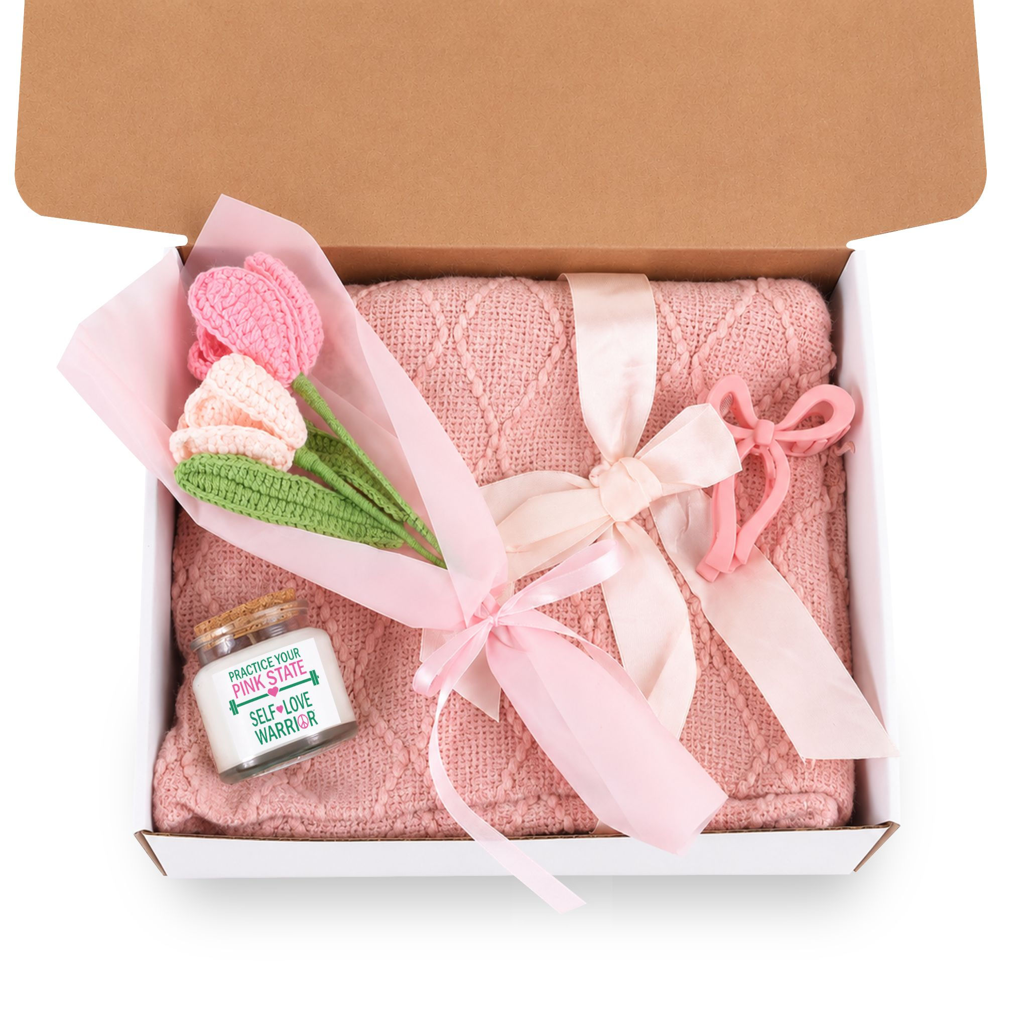 Self-Love Warrior Gift Set — Blush Candle, Cozy Blanket & Crochet Bouquet