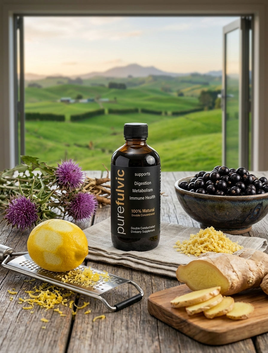 A natural layout of whole frozen lemon with zester, fresh ginger root, milk thistle blossoms, dandelion, blackcurrants, and a bottle of New Zealand Fulvic Acid against a green kiwi landscape.