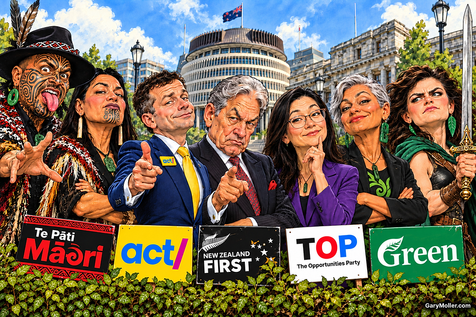 Caricatures of six politicians outside New Zealand Parliament, posing before party signs: Te Pāti Māori, ACT, NZ First, TOP, Green