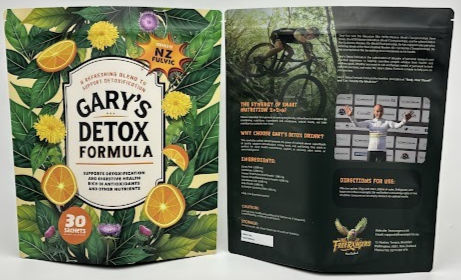 Herbal detox product packaging with tropical leaves and citrus design. Text: "Gary's Detox Formula." Includes instructions and health claims.