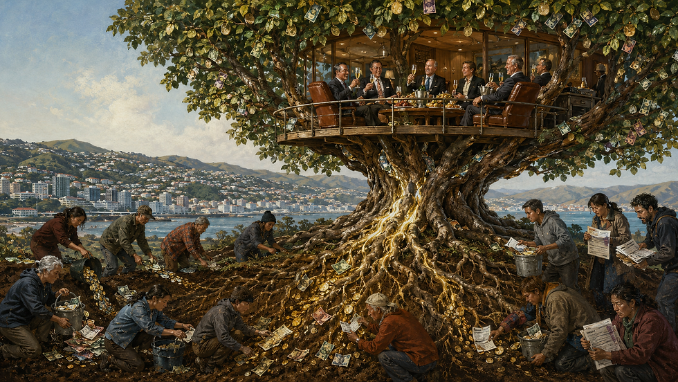 People harvest coins and cash from a giant money tree while executives toast in a treetop lounge above a coastal city.
