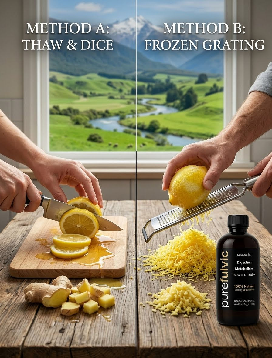 Visual comparison diagram illustrating Method A: Thaw and Dice vs Method B: Frozen Grating of lemons and fresh ginger on a wooden kitchen counter.