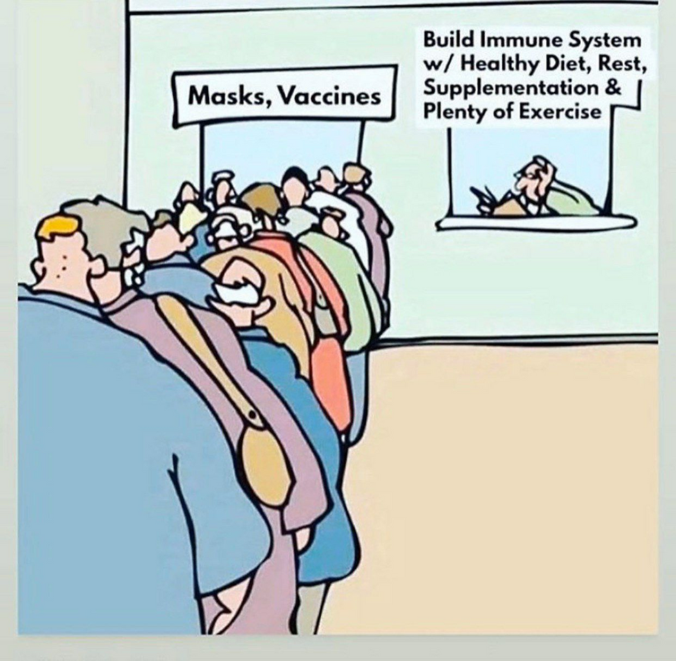 Cartoon of a line of people at a "Masks, Vaccines" window, empty at "Build Immune System" window. Emphasizes health choices.