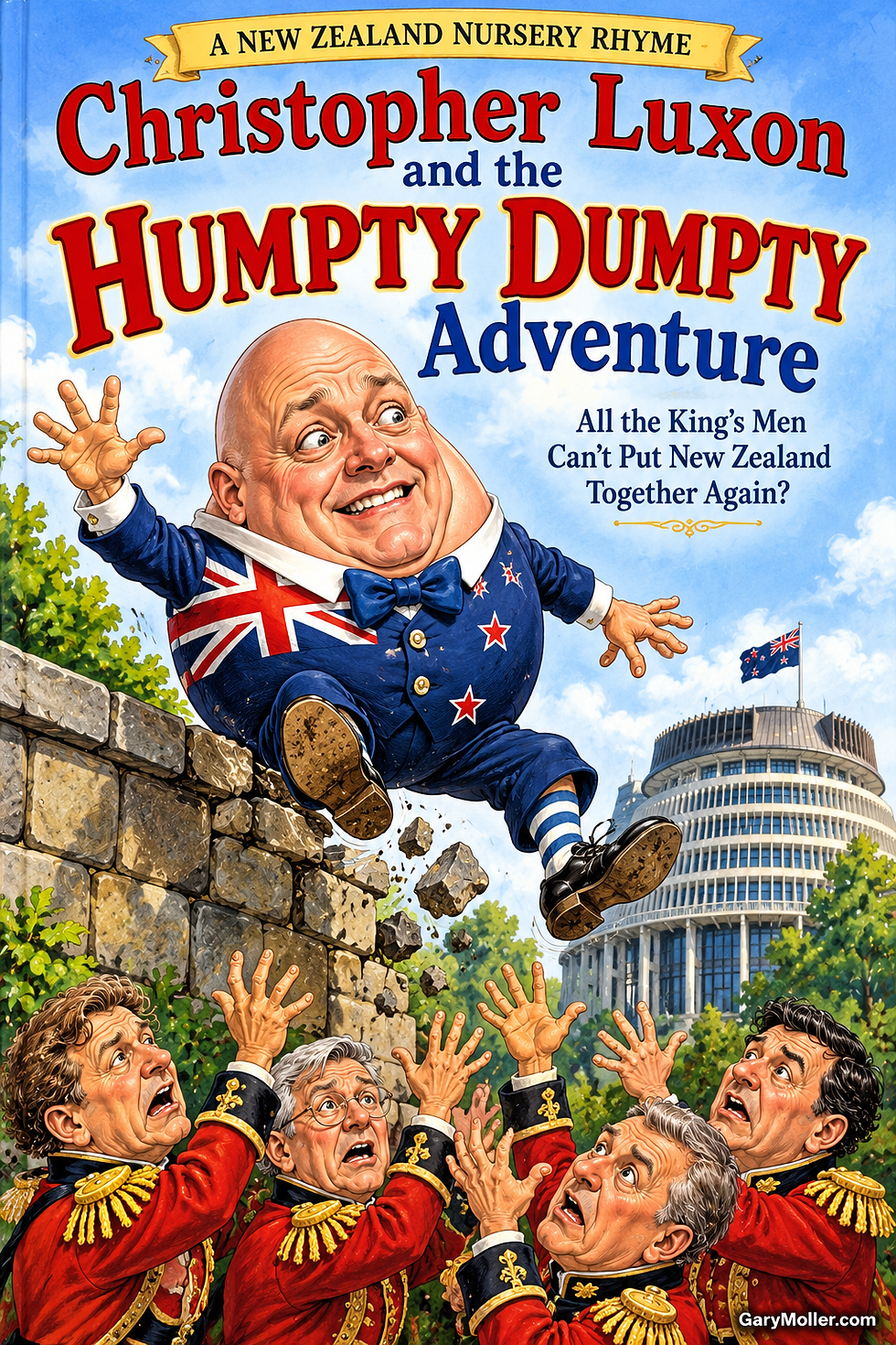 Colorful book cover: Christopher Luxon as Humpty Dumpty leaps over startled men in red uniforms beneath a New Zealand Parliament sky.