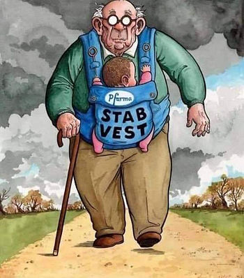 Cartoon of an elderly man walking with a cane, carrying a baby in a vest labeled "PFarma Stab Vest" on a dirt path under cloudy skies.