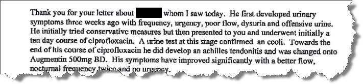 Excerpt from doctor's letter about Cipro side effect