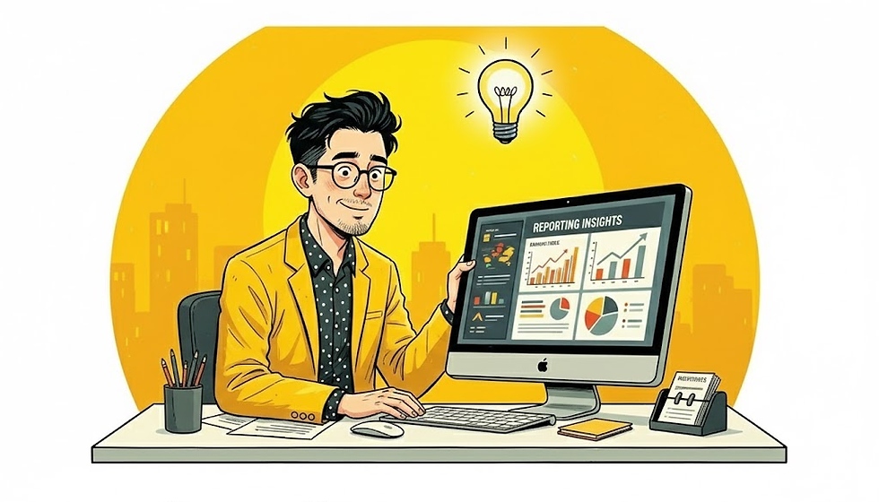 man smiling at a computer desk, showcasing reporting insights on his computer screen with a idea lightbulb shining overhead