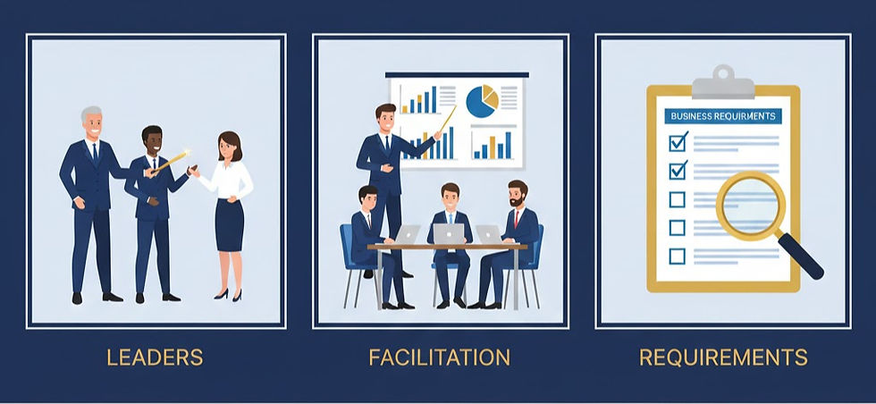 3 considerations for an ERP implementation (Leaders, Facilitation, and Requirements) are depicted in navy triple frame