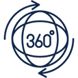 Blue icon of a 360 globe with arrows