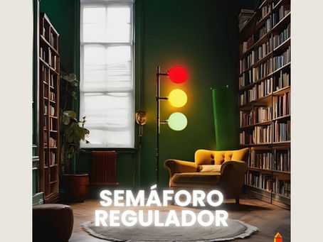 Imagen de un salón de lectura acogedor con un semáforo encendido en rojo, amarillo y verde, simbolizando un recurso visual para regular la frustración en clases de español como lengua extranjera.