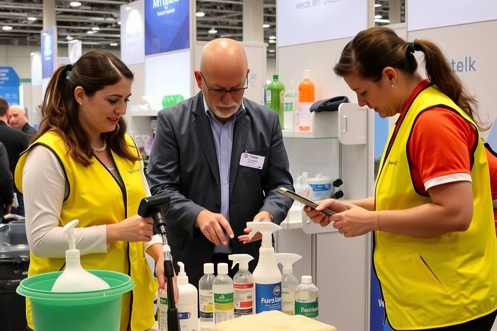 Attendees discussing products at the annual cleaning industry summit.