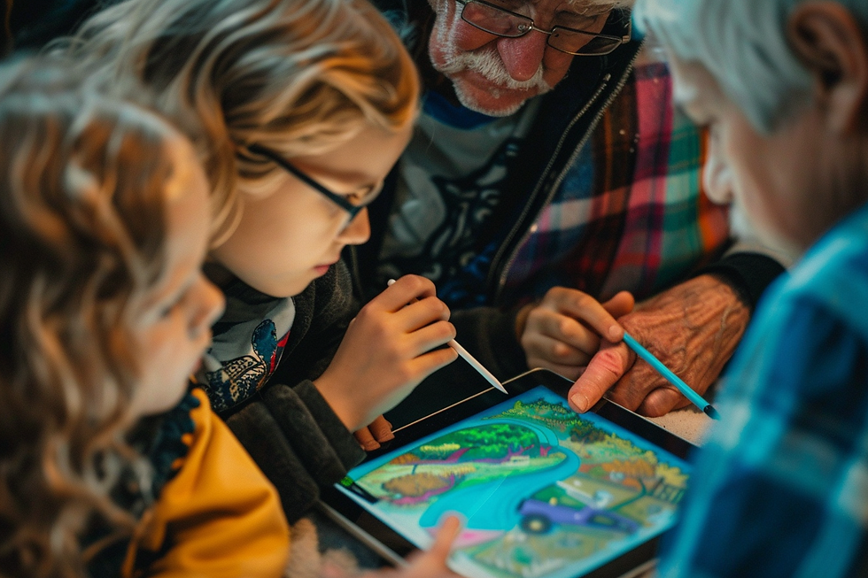 A family engaged in a digital coloring session