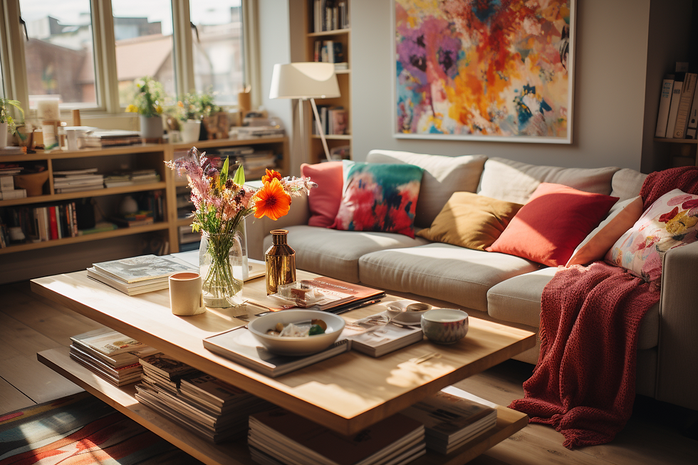 Coffee table styled with a coloring book and other decorative items.