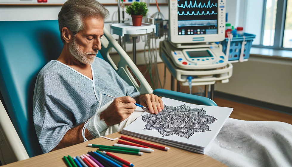 An adult patient in a hospital room focused on coloring an intricate mandala design in a coloring book