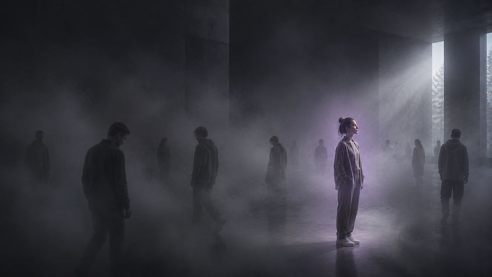 Une personne entourée de brouillard dans une pièce sombre, symbolisant la recherche de clarté mentale au milieu de silhouettes floues.