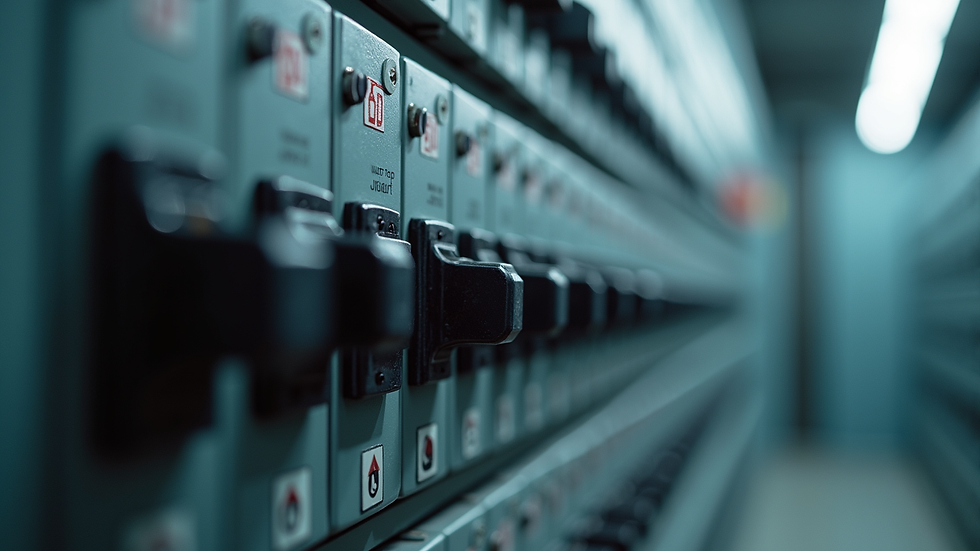 Close-up view of electrical panel with circuit breakers