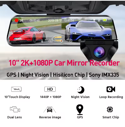 Thumbnail: Dash Cam 2K+1080P, GPS, WIFI, 24h Night Vision, Rearview Mirror Sony Camera