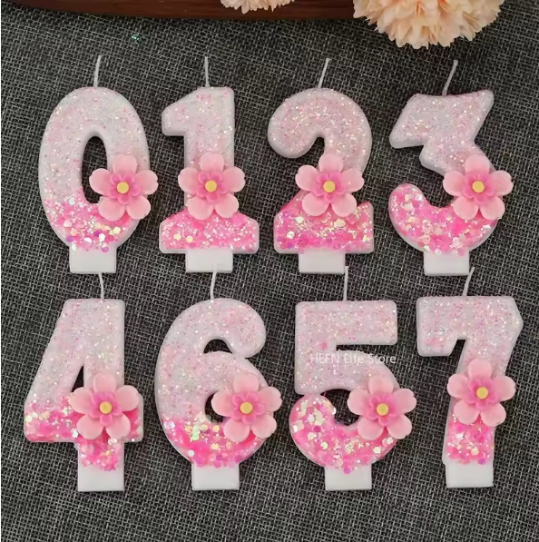 Miniatúra: Digital Birthday Candles with Pink Flowers, 0-9 Party Decor for Home Decoration