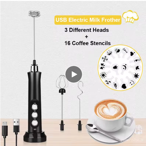 USB Electric Milk Frother Coffee Mixer 3 Speed Foam Maker with 16 Stencils