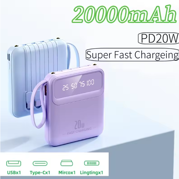 Mini 20000mAh Power Bank with Fast Charging PD20W, 4-in-1 Cable, LED Display