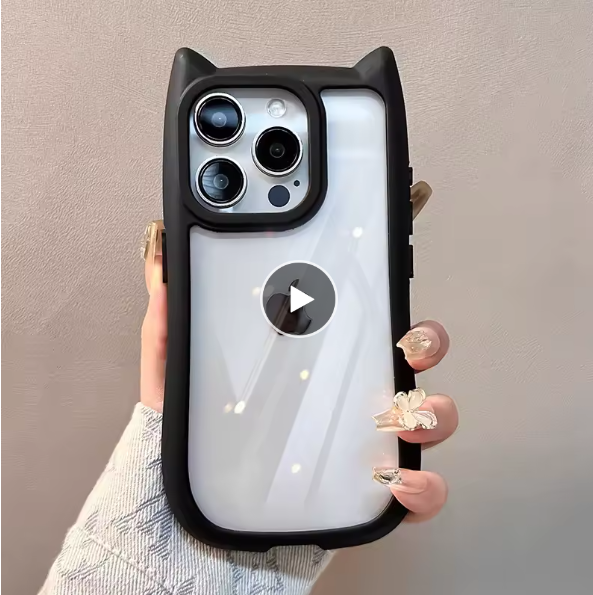 Cat Ear Phone Case for iPhone 16 13 Pro Max Acrylic Hard Bumper Transparent Cove
