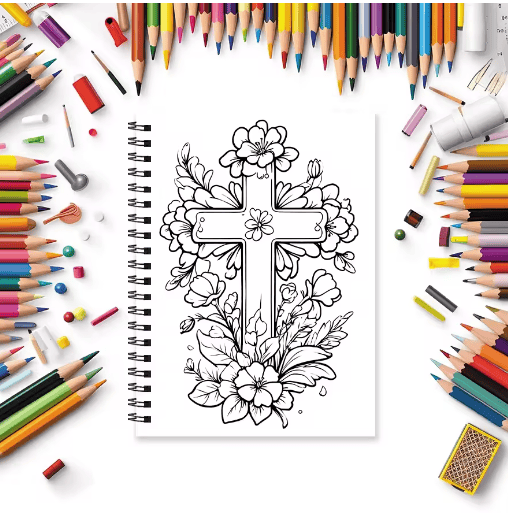 Thumbnail: Cross Surrounded by Flowers Adult Coloring Book for Stress Relief - 32 Pages
