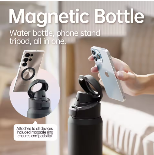 Thumbnail: FEIJIAN Magnetic Stainless Steel Sports Water Bottle with Phone Holder, 950ml In