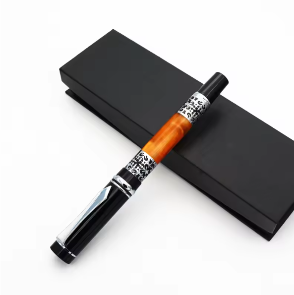 Silver Flower Carved Glass Fountain Pen Roller Pen with Art Eurved Nib for Schoo