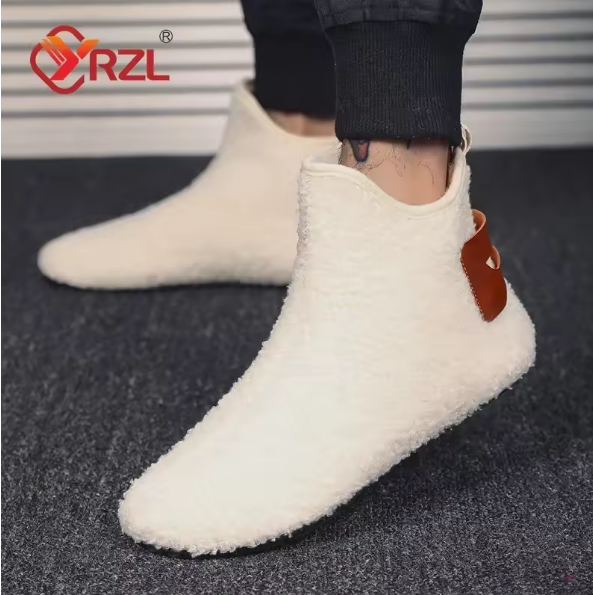 YRZL Winter Cotton Shoes Men, High Top Warm Slip-on Slippers, Plush Indoor Loafe