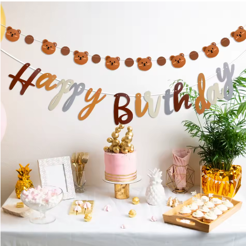 Happy Birthday Banner Retro Brown Bear Paper String Hanging Decorations Party Su