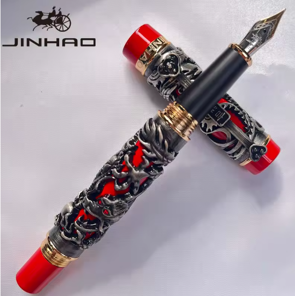 Jinhao Vintage Metal Carving Dragon Phoenix Fountain Pen F Nib Calligraphy Ink P