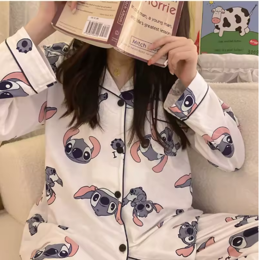 Disney Stitch Cartoon Pajamas Kawaii Sleepwear for Women Long Sleeve Home Wear
