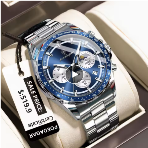 Men's Waterproof Chronograph Watch Stainless Steel Quartz Sports Wristwatch