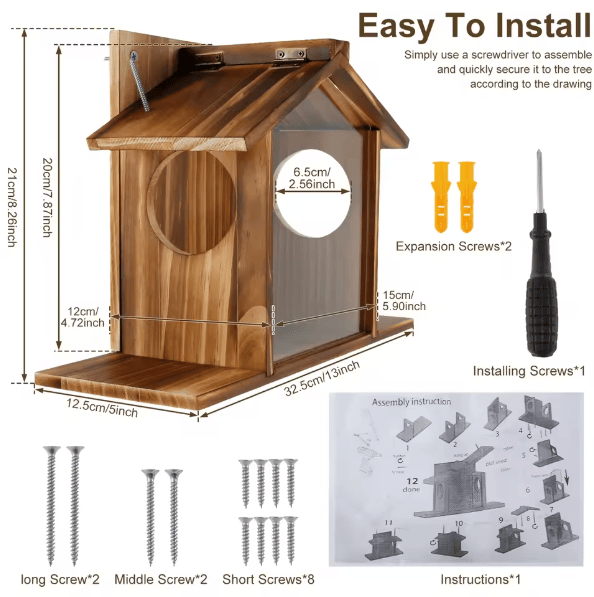 Miniatúra: Wooden Squirrel Feeder House with Roof, Large Capacity Feeding Station for Corn