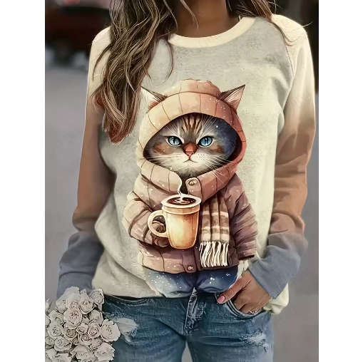 Miniatúra: Coffee Cat 3D Print Hoodie Women Fashion Casual Sweatshirts Animal Sweatshirt