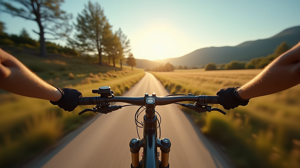 Eye-level view of a cyclist riding on a scenic trail