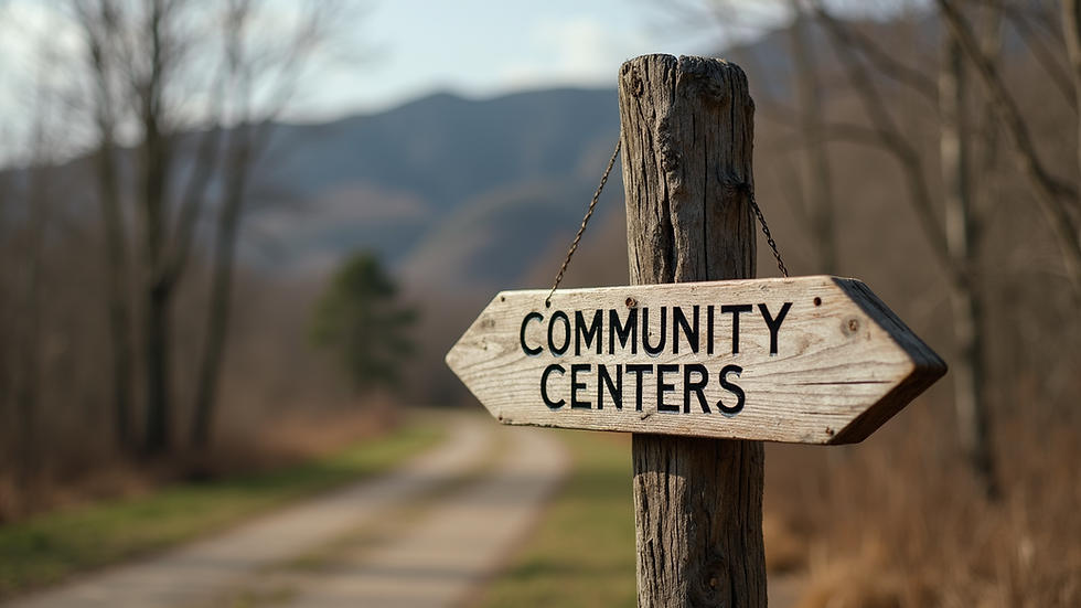 Close-up of a rustic wooden signpost pointing to nearby community centers
