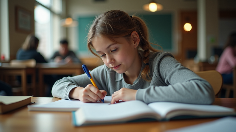 Eye-level view of a student studying at a desk with books and notes