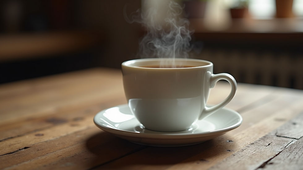 Close-up view of a steaming cup of coffee on a wooden table