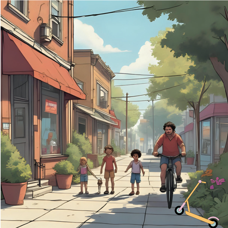 A cheerful urban street scene on a sunny day. Three children walk hand-in-hand on the sidewalk, two girls and a boy, while a man with curly hair rides a bicycle nearby. A bright orange scooter lies on the ground next to a flower bed. The background features quaint storefronts with red awnings, lush green trees, and a blue sky with puffy clouds overhead.