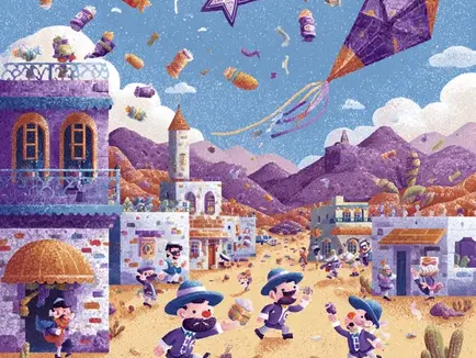 A whimsical cartoon digital illustration featuring a vibrant Jewish village scene, with animated Orthodox Union characters wearing colorful kippahs tossing food and medicine packages to cheerful Druze friends in a desert oasis. Playful dreidels spin, a Star of David kite floats, and a smiling Yitro figure stands nearby, all rendered in bright purples, blues, and golds against a festive background.