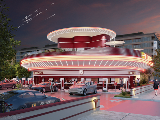 A futuristic retro-style Tesla diner named “Milliways” illuminated with vibrant red and white neon lights at sunset. The round, saucer-shaped building features sleek 1950s architecture and is surrounded by modern Tesla vehicles plugged into Supercharger stations. People walk nearby and dine under the glow, while a dramatic dusk sky adds cinematic flair to the bustling scene.