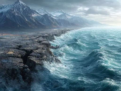 Dramatic scene of a massive earthquake along a coastal fault line, with cracked, uplifted land meeting turbulent ocean waves under a stormy sky, set against a backdrop of snow-covered mountains.
