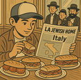 Vintage-style illustration of a young guy in a backwards cap and hoodie happily eating a massive Italian sub while reading an “LA JEWISH HOME – Italy” newspaper. In front of him are five overflowing kosher Italian sandwiches and meatball subs on a wooden table. In the background, three smiling bearded Chassidim in black hats are excitedly photographing the scene like paparazzi. Warm sepia tones, retro comic-book vibe.