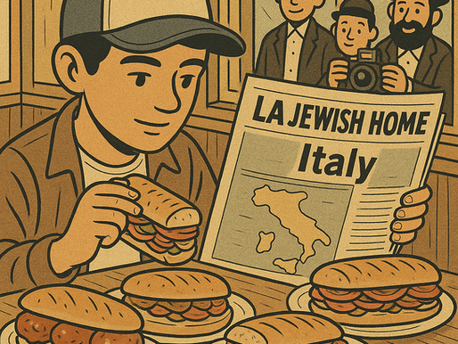 Vintage-style illustration of a young guy in a backwards cap and hoodie happily eating a massive Italian sub while reading an “LA JEWISH HOME – Italy” newspaper. In front of him are five overflowing kosher Italian sandwiches and meatball subs on a wooden table. In the background, three smiling bearded Chassidim in black hats are excitedly photographing the scene like paparazzi. Warm sepia tones, retro comic-book vibe.