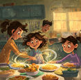 A joyful animated scene in a cozy kitchen at sunset, where a family of four—parents and two kids—laughs around a table overflowing with creatively repurposed leftovers: golden pasta, colorful wraps, and steaming bowls. Magical golden sparkles swirl from the dishes, symbolizing transformation. Warm light streams through a window, with Shabbat candles glowing softly in the background. Whimsical, vibrant, and full of love.