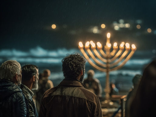 A crowd of people stands with their backs to the camera on a rainy night, facing a massive glowing golden Hanukkah menorah illuminated against a dark, stormy sky. The nine candles burn brightly, casting warm golden light across the faces of the gathered community. Rain falls gently, creating a misty, atmospheric glow around the menorah and the silhouetted figures, evoking unity, resilience, and the triumph of light over darkness during Chanukah.