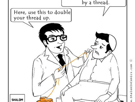 A black-and-white cartoon from "Shalom Bayit Comics" showing a doctor holding an orange thread, speaking to a patient sitting on an exam table. The doctor says, "Here, use this to double your thread up," while the patient, wearing a kippah, looks sad and says, "My marriage is hanging by a thread." A spool of thread is visible on the floor beside the doctor, and the "Shalom Bayit" logo is in the bottom left corner. The website "www.shalombayitcomics.com" is noted at the bottom right.